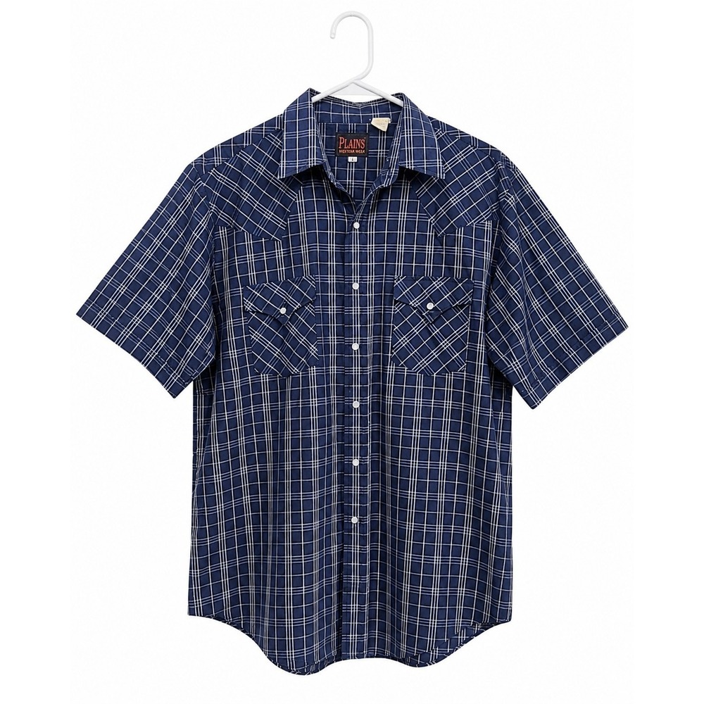 Vintage Plains Western Wear Men's Navy Plaid Pearl Snap Western Shirt Size L